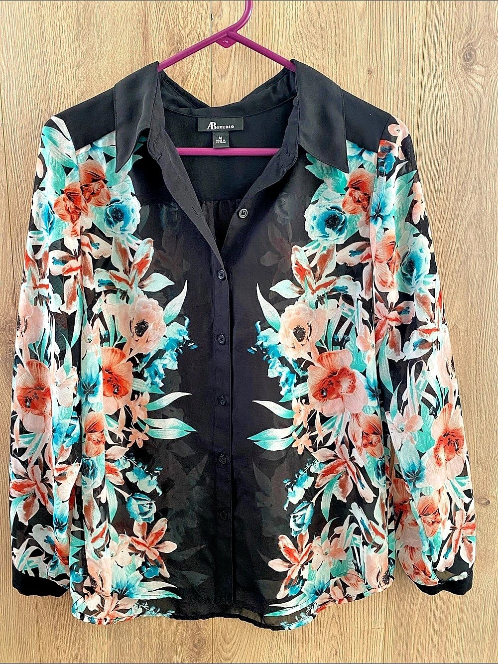 AB Studio Floral Blouse in Black & Blue Size Medium Like New